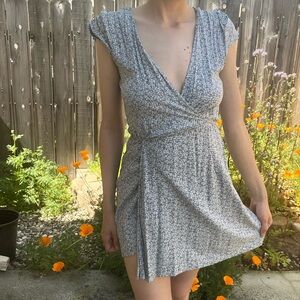 Elegant Blue Floral Wrap Dress